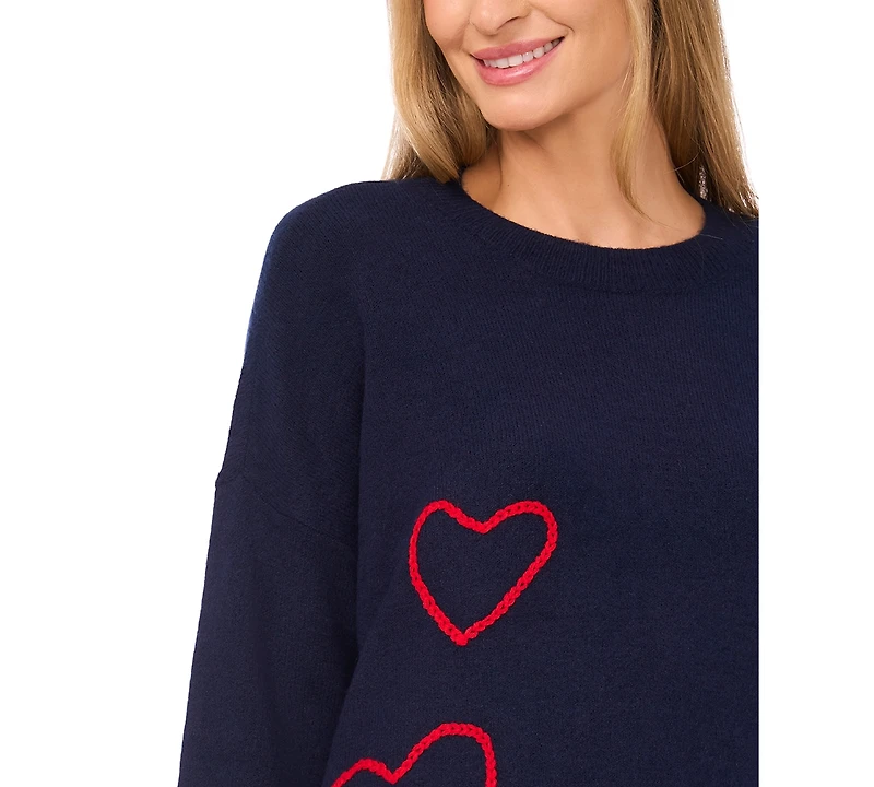 CeCe Women's Crewneck Heart Embroidered Sweater