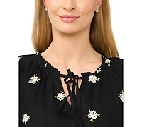 CeCe Women's Embroidered Tie-Neck Cotton Blouse