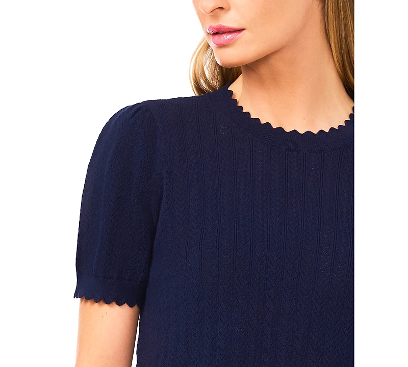 CeCe Women's Crew Neck Pointelle Sweater