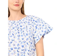 CeCe Women's Floral Ruffle-Sleeve Crewneck Cotton Top