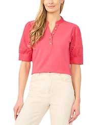 CeCe Women's Henley Puff-Sleeve Cotton Top