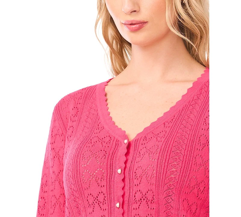 CeCe Women's V-Neck Pointelle Cotton Cardigan Sweater
