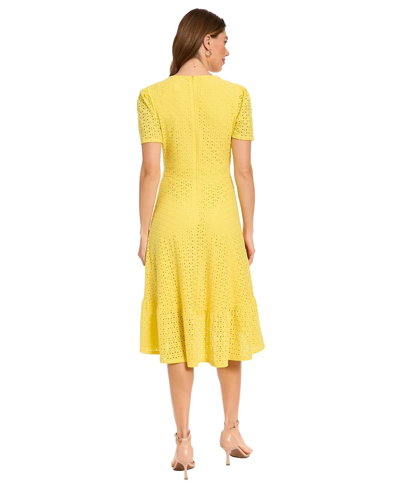 London Times Petite Eyelet Faux-Wrap Midi Dress