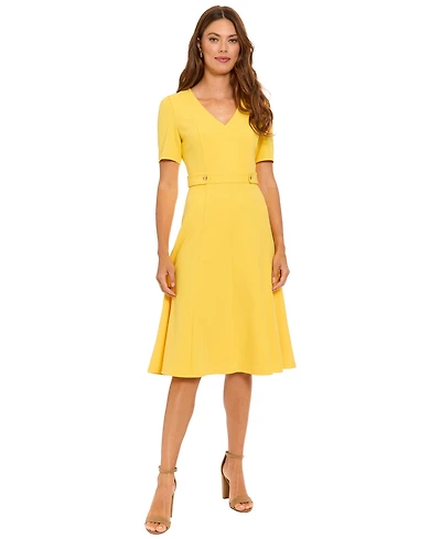 London Times Petite Short-Sleeve V-Neck Midi Dress