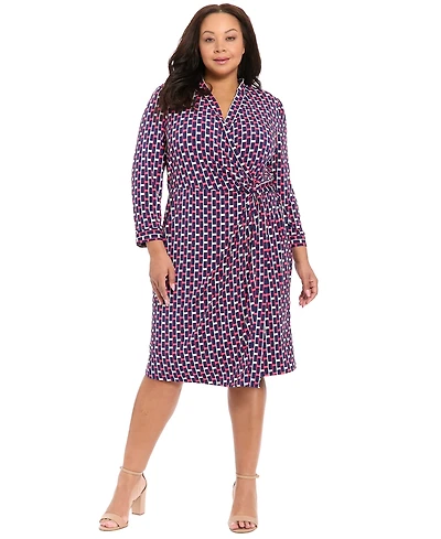 London Times Plus 3/4-Length-Sleeve V-Neck Dress