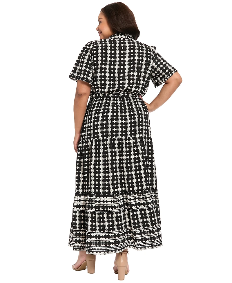London Times Plus Short-Sleeve Ruffle Collar Tiered Maxi Dress