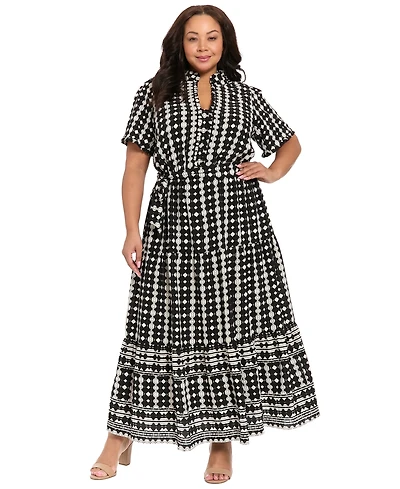 London Times Plus Short-Sleeve Ruffle Collar Tiered Maxi Dress