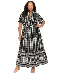 London Times Plus Short-Sleeve Ruffle Collar Tiered Maxi Dress