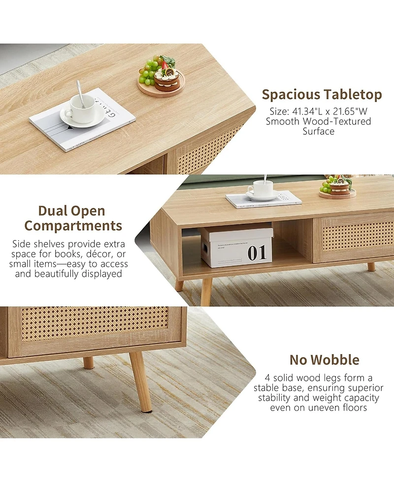 Rainsken 41.34" Rattan Coffee Table, Rectangle Wooden Center Tables with Sliding Door and Solid Wood Legs for Living Room, Home Office