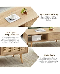 Rainsken 41.34" Rattan Coffee Table, Rectangle Wooden Center Tables with Sliding Door and Solid Wood Legs for Living Room, Home Office