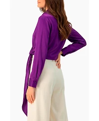 Ivonne Women's Wrap Satin Blouse with Tie Detail
