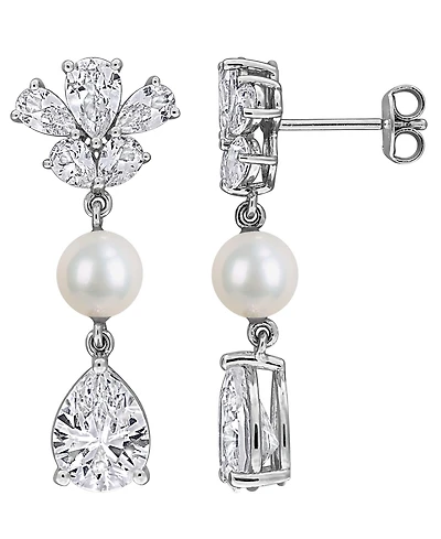 Macy's Cultured Freshwater Pearl & Created White Sapphire (8-7/8 ct. t.w.) Drop Earrings in Sterling Silver