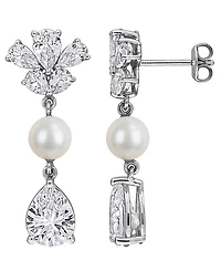 Macy's Cultured Freshwater Pearl & Created White Sapphire (8-7/8 ct. t.w.) Drop Earrings in Sterling Silver
