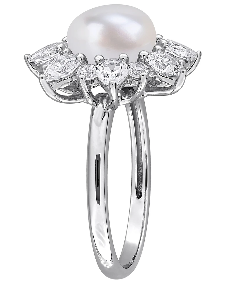 Macy's Cultured Freshwater Pearl and Created White Sapphire (2 ct. t.w.) Earrings Sterling Silver