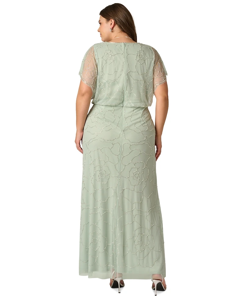 Adrianna Papell Plus Beaded Blouson-Sleeve Ball Gown