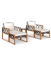 Gymax 5 Pcs Pe Rattan Conversation Set w/Acacia Wood Table Chairs w/Ottomans Outdoor
