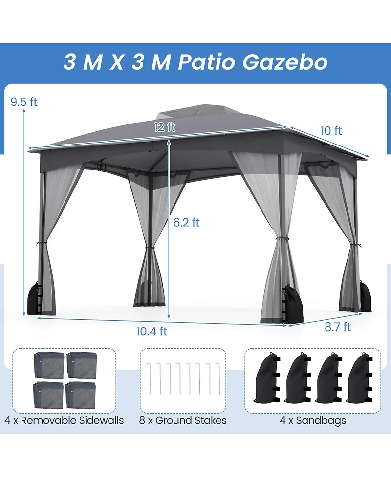 Gymax 10 x 12 Ft Patio Gazebo w/ Netting Walls Soft Top Double Roof Canopy w/ 4 Sandbags
