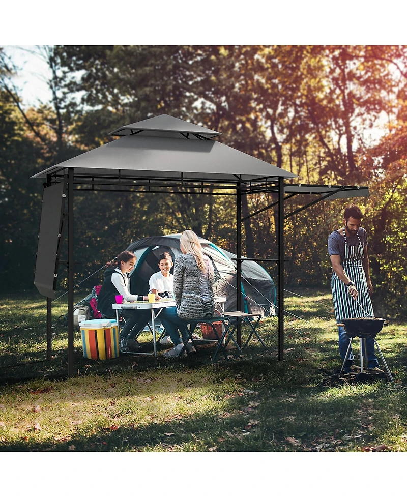 Gymax 13.5' x 4' Patio Bbq Grill Gazebo Side Awnings Shelves 2-Tier Canopy Outdoor