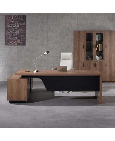 logicfox Retractable Office L-Shaped Desk with Drawers and Lateral File Cabinet