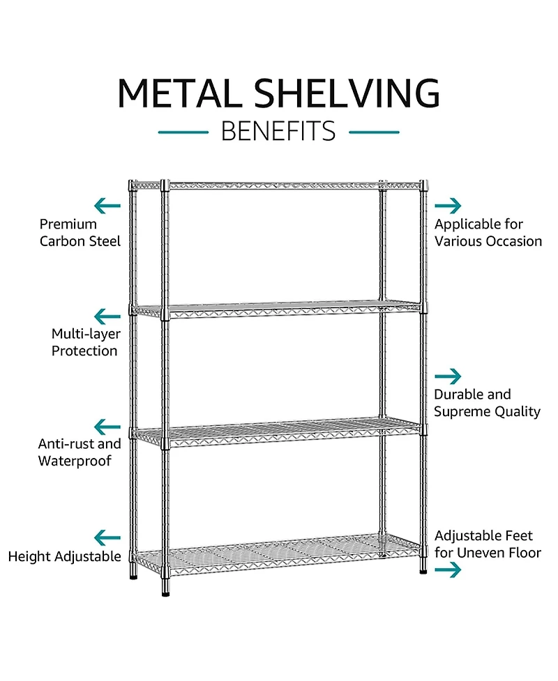 Rainsken 4- Tier Metal Storage Shelves, Adjustable Wire Shelving Rack for Garage, Basement, Warehouse