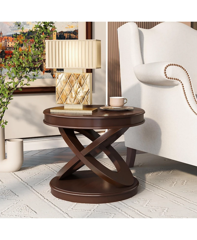 Rainsken X-shape Base Coffee Table - 22" Retro Round Wooden End Table for Living Room, Small Space