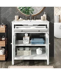 Sillysis 30" Bathroom Vanity with Sink, Modern Solid Wood Cabinet Textured Glass Doors, Flip-Out Tray & Adjustable Shelf