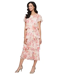Sl Fashions Petite Crewneck Floral-Print Tiered Midi Dress