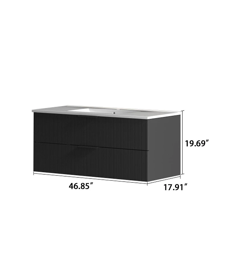 Thirtypeachy 48" Modern Floating Vanity With Ceramic Sink, Black Fluted Wall-Mount Cabinet, 2 Drawers U-Shaped Cutout
