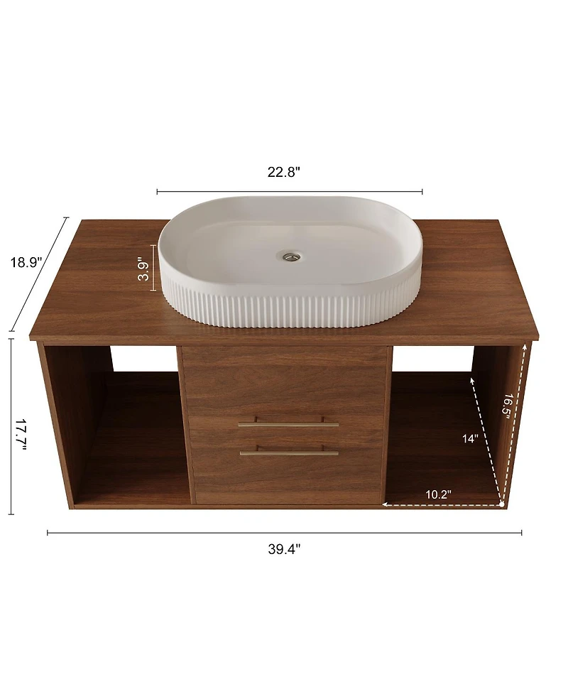 Sillysis 39.4" Wall-Mount Bathroom Vanity with Oval Ceramic Sink, Walnut Solid Wood Floating Cabinet & Soft-Close Drawers