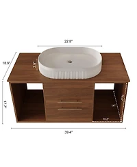 Sillysis 39.4" Wall-Mount Bathroom Vanity with Oval Ceramic Sink, Walnut Solid Wood Floating Cabinet & Soft-Close Drawers
