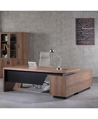logicfox Retractable Office L-Shaped Desk with Drawers and Lateral File Cabinet