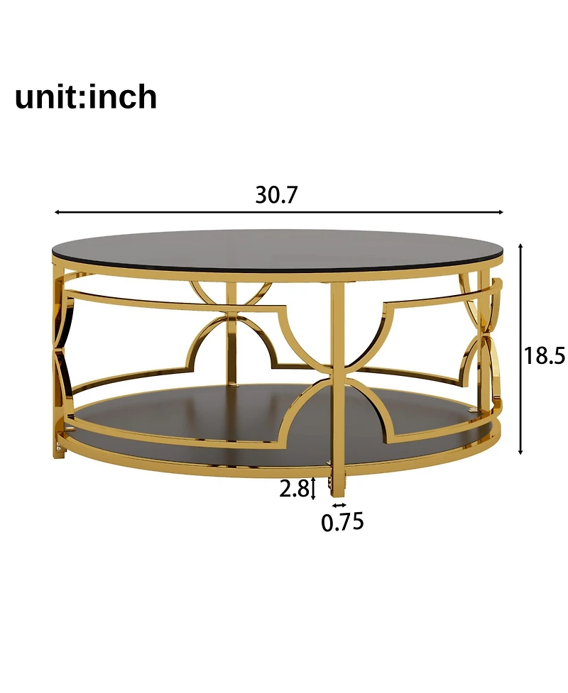 Rainsken Round Tempered Glass Coffee Table, Modern 2-Tier Center Table, Luxurious Geometric Metal Frame for Living Room