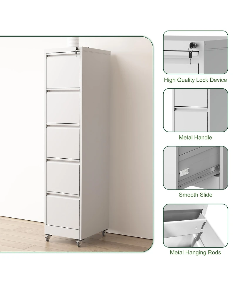Rainsken 5 Drawer Locking Vertical File Cabinet on Wheels
