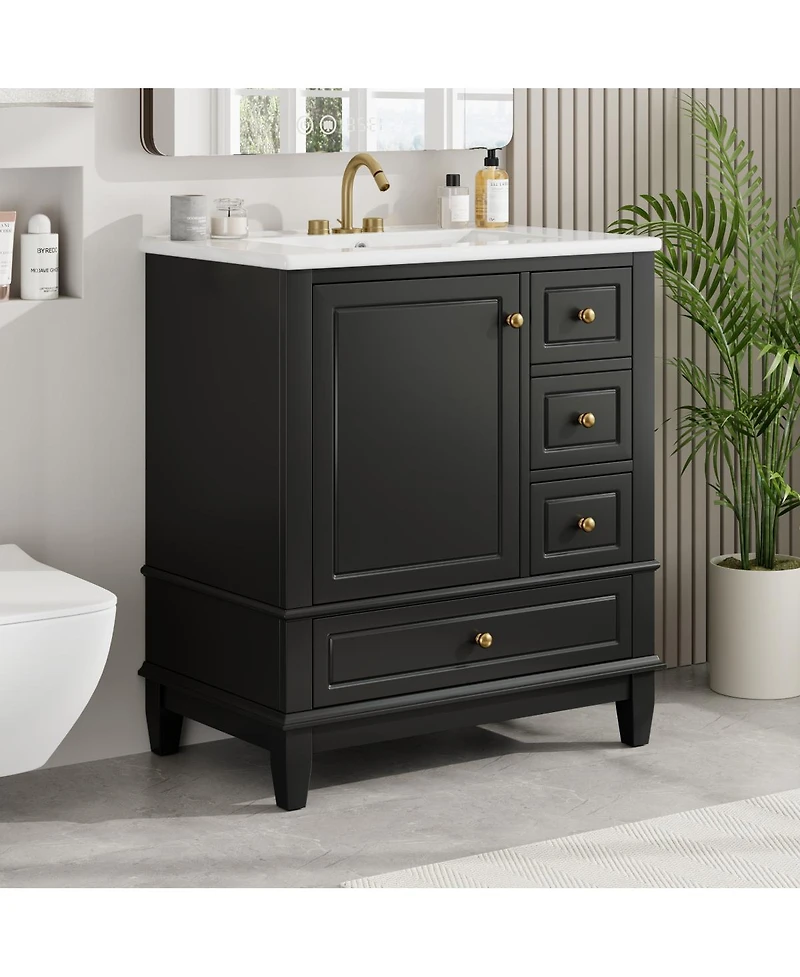 Sillysis 30'' Bathroom Vanity with Ceramic Sink, Solid Wood & Mdf, Multi-Drawer Storage Soft Close Door for Modern Bathrooms