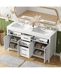 Sillysis 59.3" White Double Sink Bathroom Vanity with Smc Resin Basin, Solid Wood Frame & Soft Close Drawers for Large Bathrooms