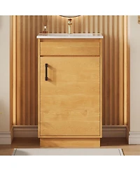 Sillysis 20" Farmhouse Natural Bathroom Vanity with Sink, Rectangular Ceramic Top, Soft Close Door & Adjustable Shelf for Small Space