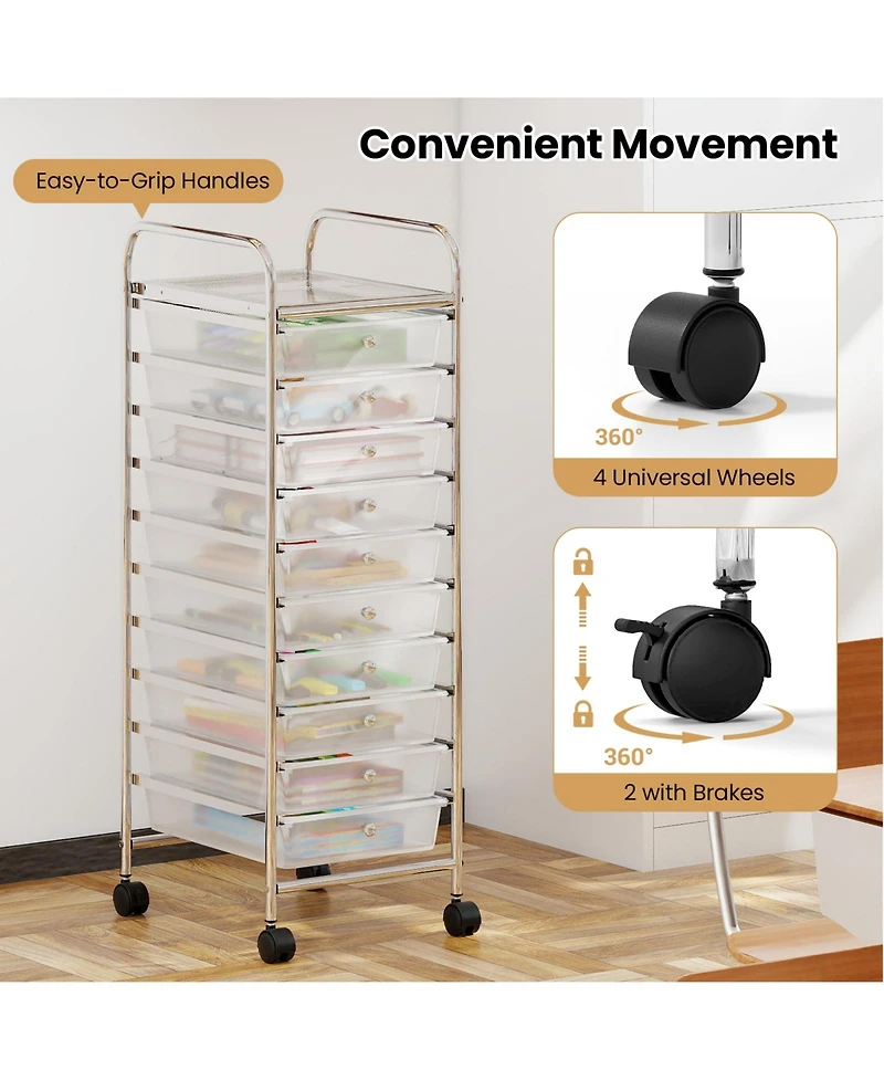 Sugift Ten Drawer Rolling Storage Cart with Metal Frame and Casters