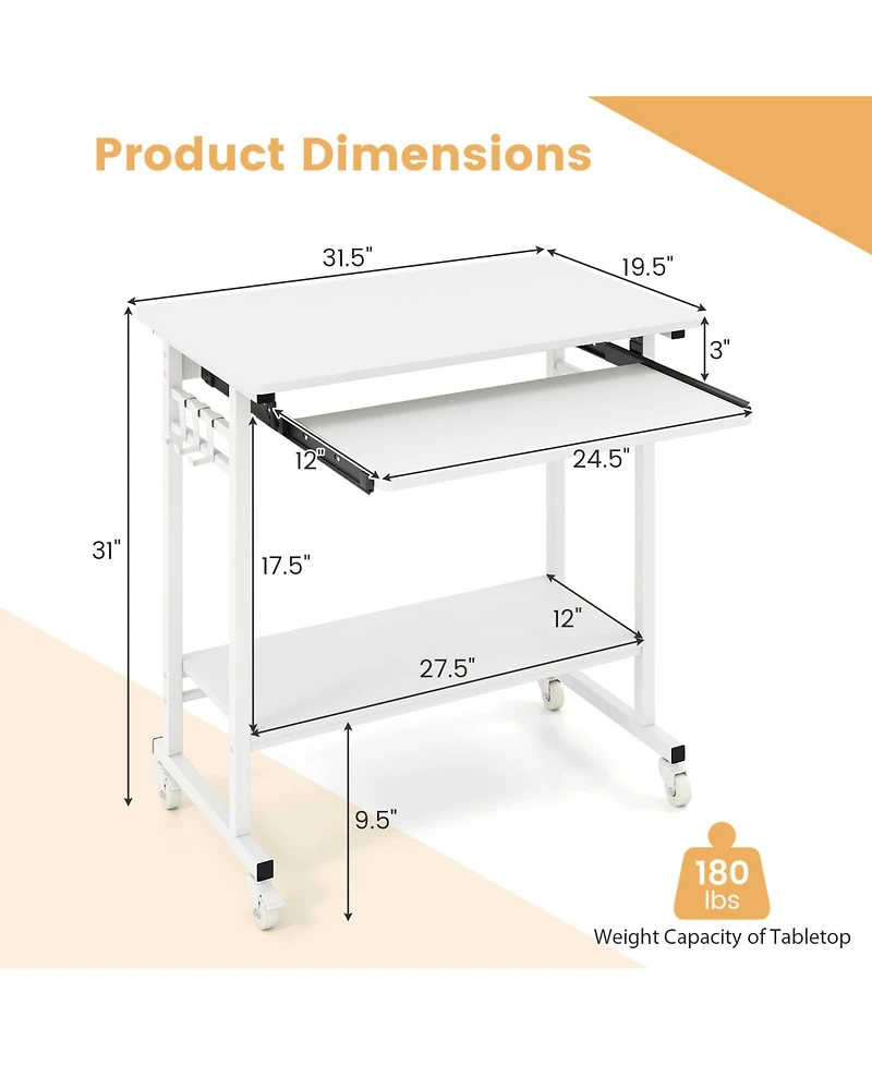 Sugift Rolling Laptop Table with Pull Out Keyboard Tray and Hooks