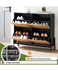 Homfan Rattan Shoe Cabinet with 4 Flip Drawers,Hidden Wood Storage Adjustable Shelf,Cane Accent Organizer Rack,Boho Rack