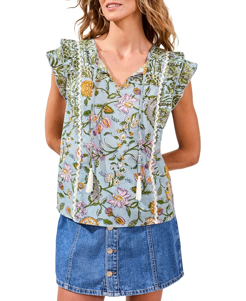 Tribal Women's Mixed Media Cap-Sleeve Printed Top