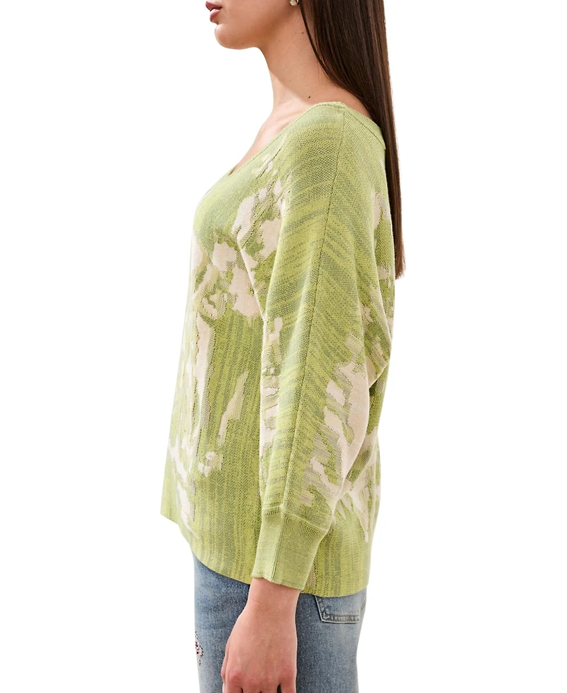 Tribal Women's U-Neck Jacquard Three-Quarter-Sleeve Sweater