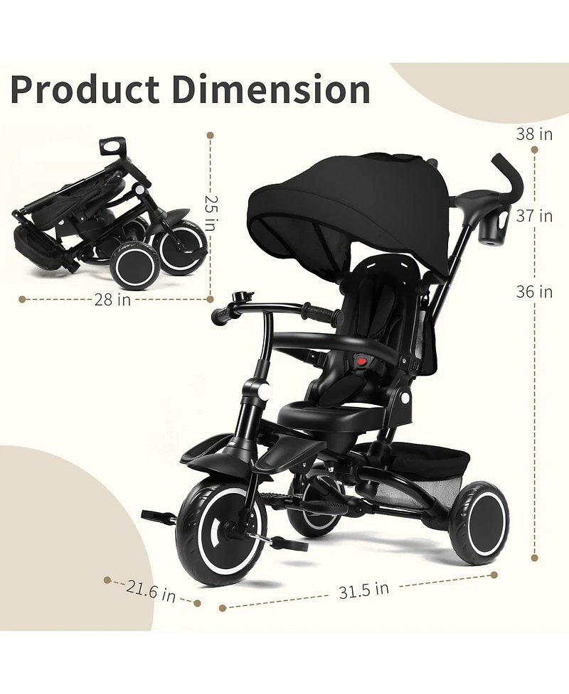 Kinder King 7-in-1 Toddler Tricycle Stroller with Rotating Seat, Adjustable Push Handle and Canopy