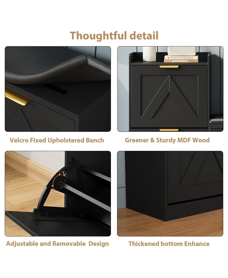 Homfan Farmhouse Entryway Shoe Cabinet with Bench and 4 Flip Drawers, Comfort Cushioned Storage Bench, Freestanding Organizer