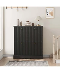Homfan Fluted Shoe Cabinet with 2 Flip Drawers, Hidden Wooden Adjustable Shelf, Freestanding Storage