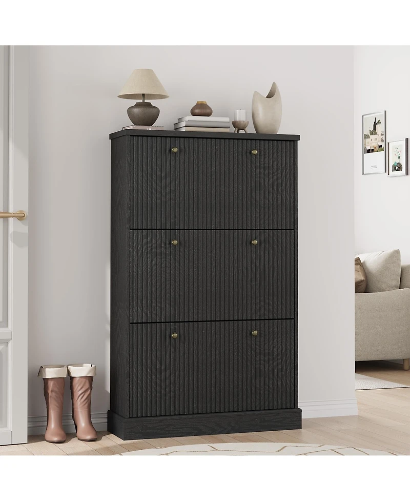 Homfan Fluted Shoe Cabinet Storage with 3 Flip Drawers, Wooden Narrow Organizer Adjustable and Removable Shelves