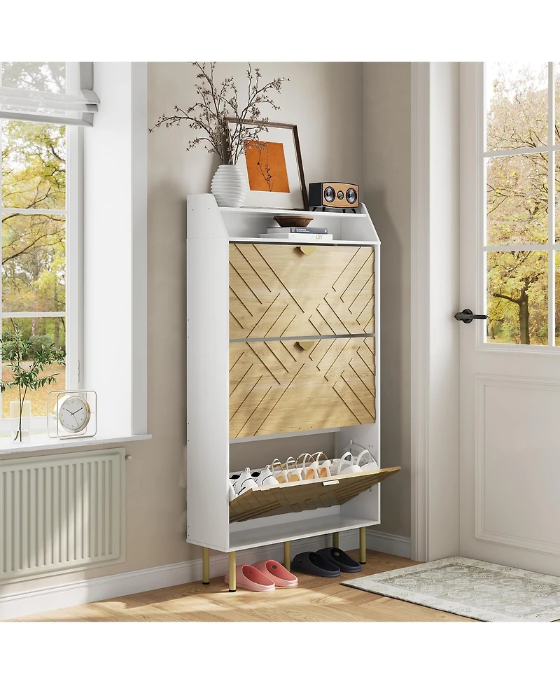 Homfan Shoe Cabinet with 3 Flip Drawers, Hidden Shoe Storage Cabinet with Shelf, Slim Wood Shoe Organizer for Hallway and Entryway, Space Saving