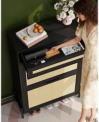 Homfan Rattan Shoe Cabinet Storage with 2 Flip Drawers and Top Drawer, Freestanding Organizer Wooden Slim Rack