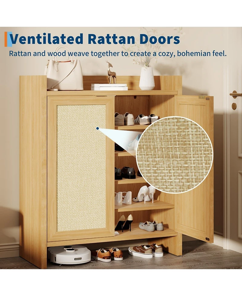Homfan Rattan Shoe Cabinet with Doors, 41" Wooden Storage Rack Adjustable Shelves and Perfect for Entryway, Hallway, Living Room