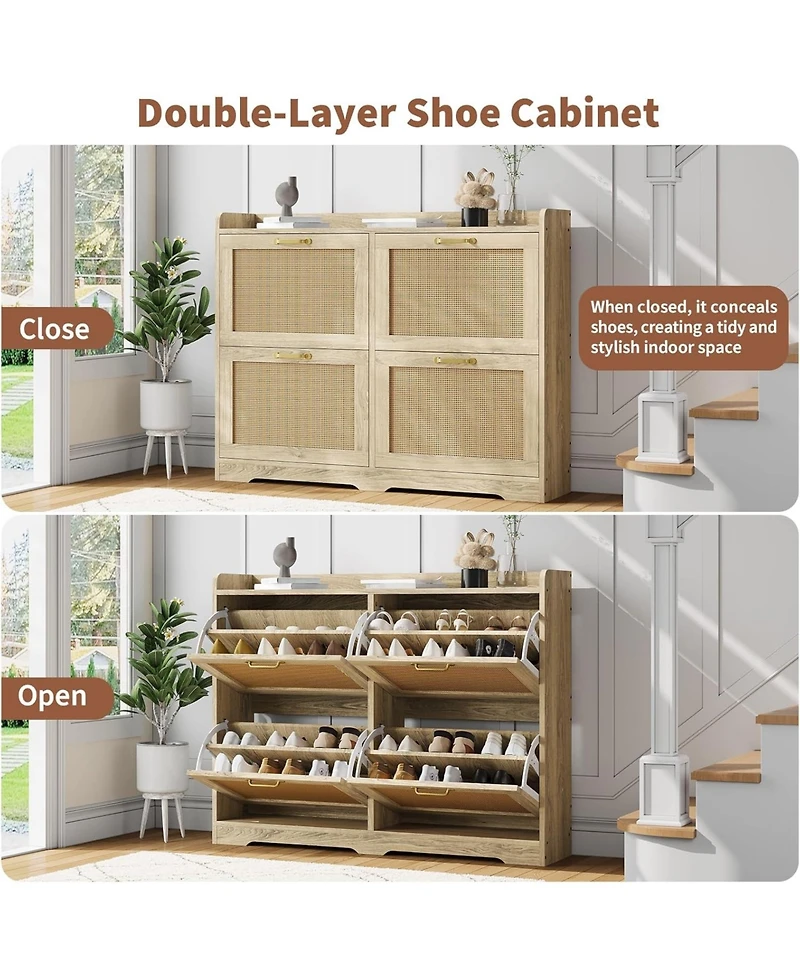 Homfan Rattan Shoe Cabinet with 4 Flip Drawers, Hidden Wood Shoe Storage Organizer Cabinet, Wide Freestanding Breathable Shoe Rack Cabinet