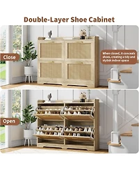 Homfan Rattan Shoe Cabinet with 4 Flip Drawers, Hidden Wood Shoe Storage Organizer Cabinet, Wide Freestanding Breathable Shoe Rack Cabinet